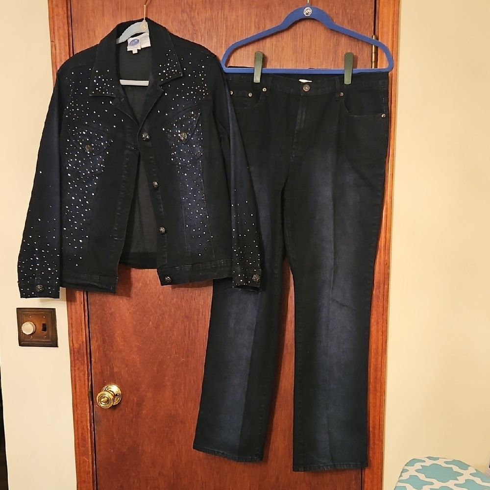 Diane Gilman Black Studded Denim Jacket and Flare Pants